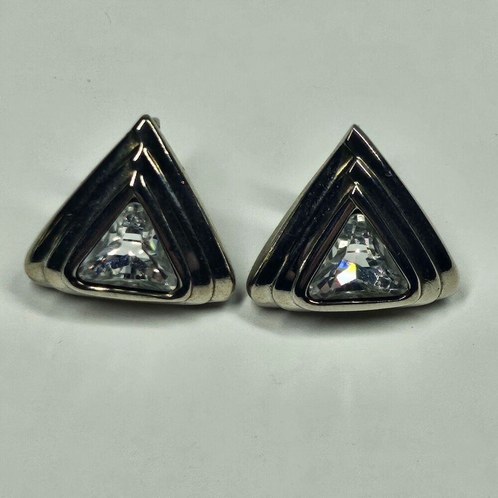 SAL Swarovski Rhinestone Earrings Silvertone Triangle Art Deco Vintage Clip Ons